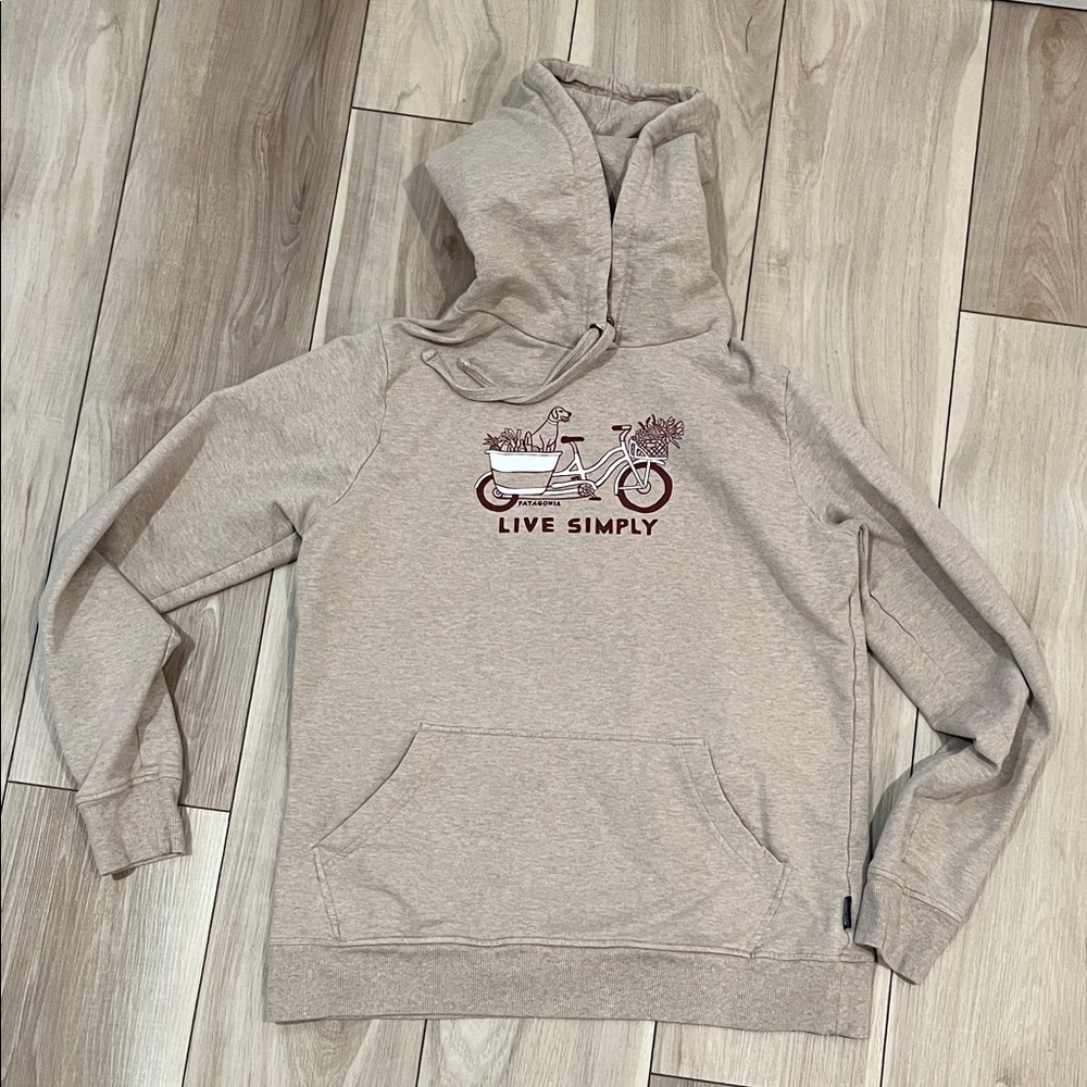 Patagonia Oatmeal Live Simply Hoodie with Maroon Bike Graphic
